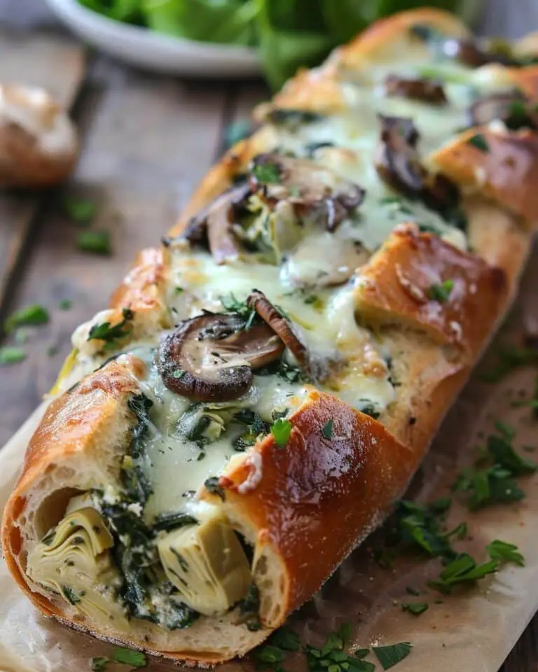 Cheesy Spinach Artichoke & Mushroom Stuffed Baguette
