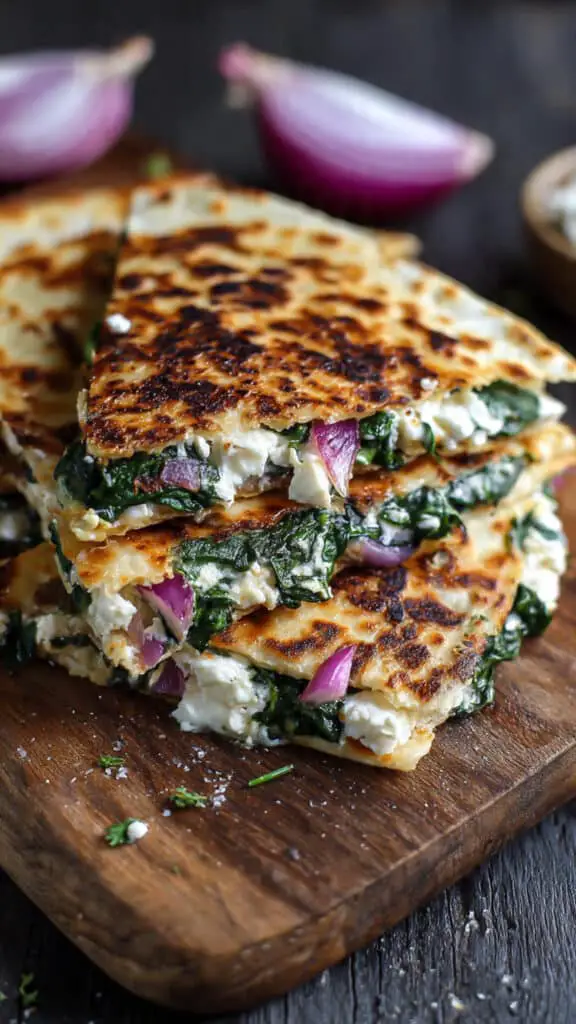 Mediterranean Quesadillas with Spinach, Feta, Mozzarella, and Red Onion