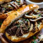 Slow Cooker French Dip Sandwiches with Garlic & Mushrooms