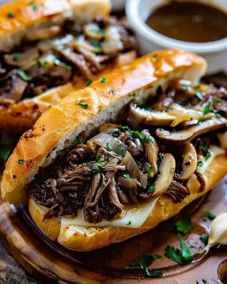 Slow Cooker French Dip Sandwiches with Garlic & Mushrooms