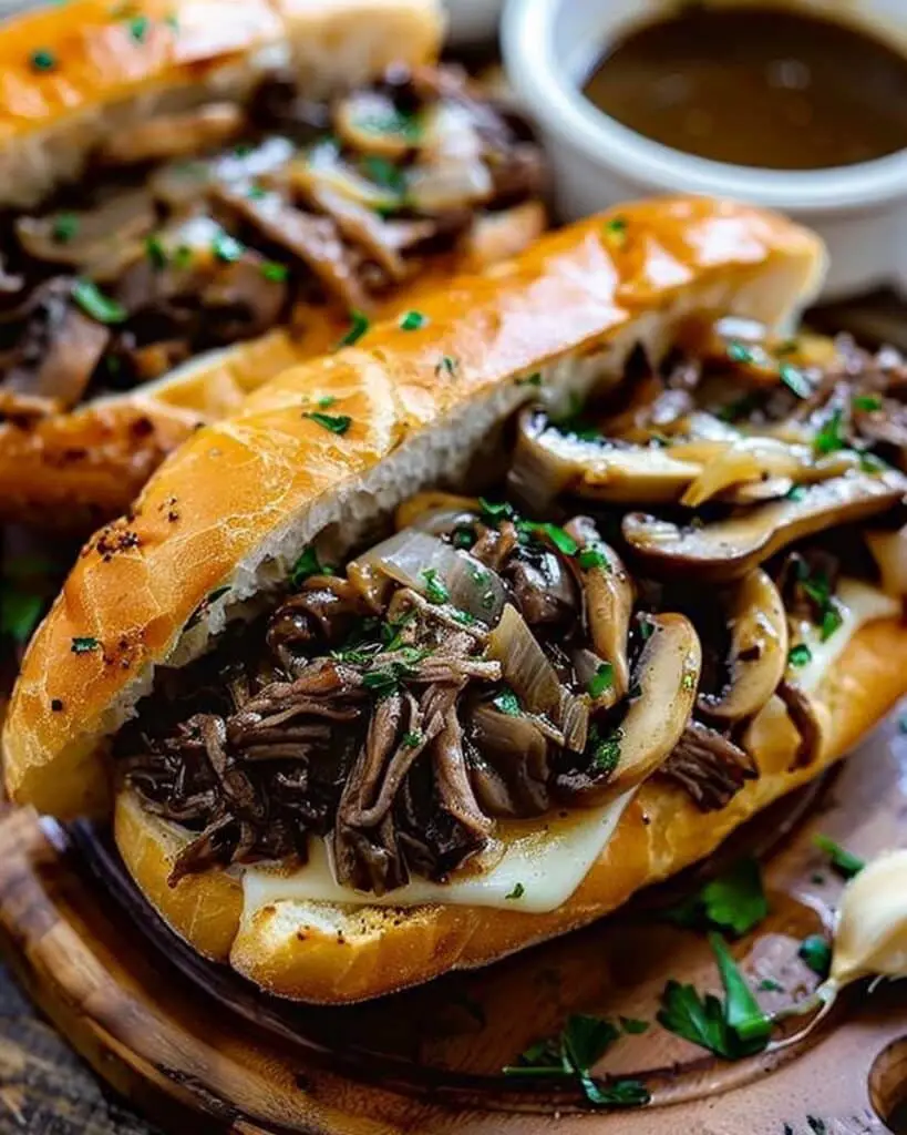 Slow Cooker French Dip Sandwiches with Garlic & Mushrooms