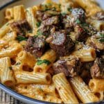 Cajun Steak Tips in Cheesy Rigatoni Parmesan Sauce