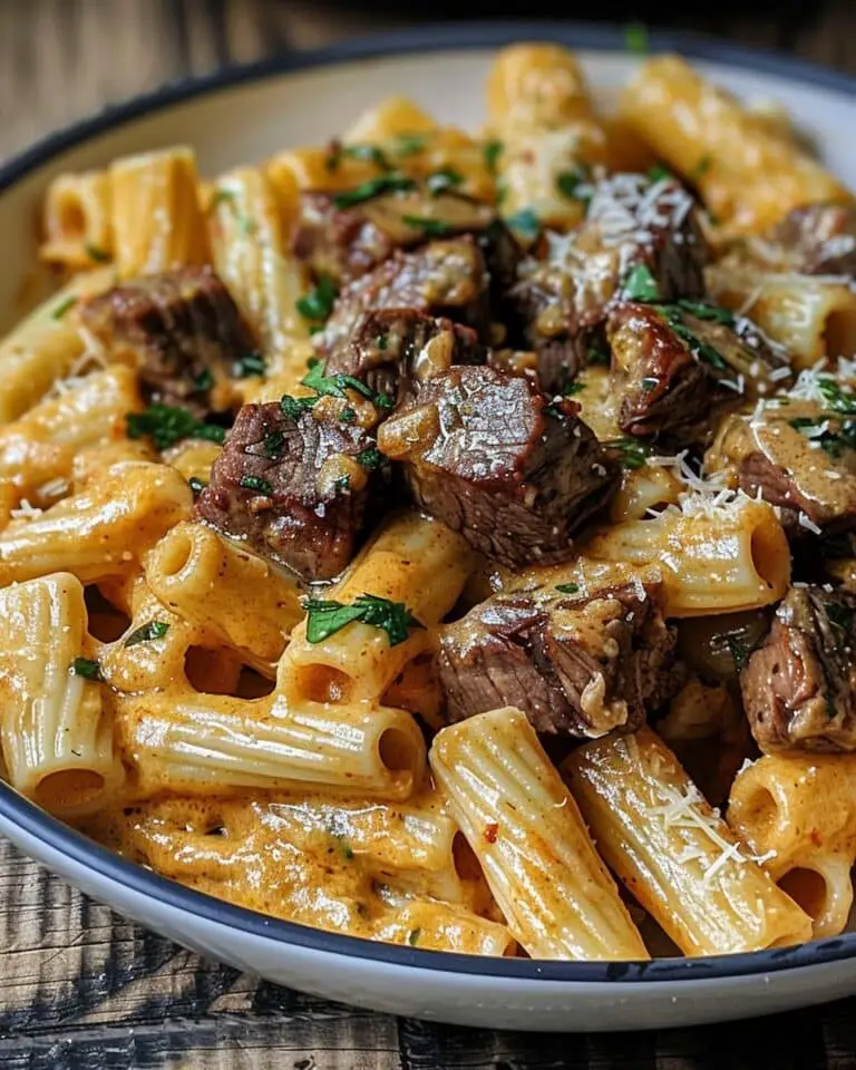 Cajun Steak Tips in Cheesy Rigatoni Parmesan Sauce