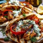 Lemon-Garlic Chicken Pitas with Feta Tzatziki & Roasted Bell Peppers