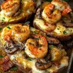 Steak, Shrimp & Mushroom Loaded Baked Potatoes
