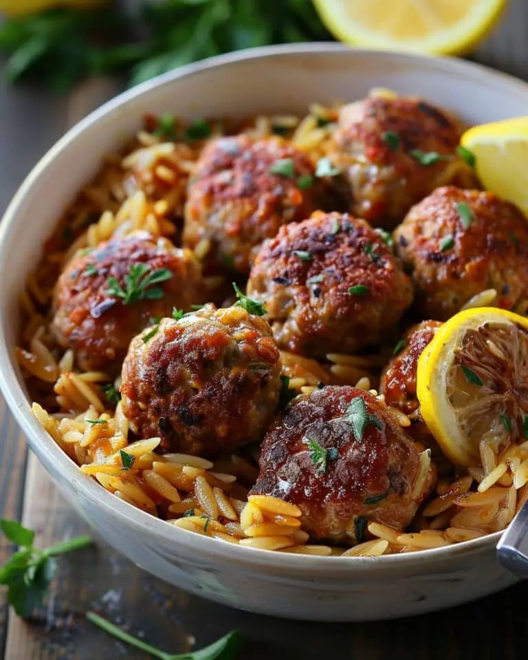 Greek Chicken Meatballs with Lemon Orzo