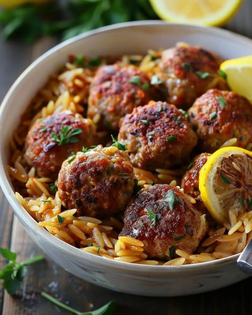 Greek Chicken Meatballs with Lemon Orzo