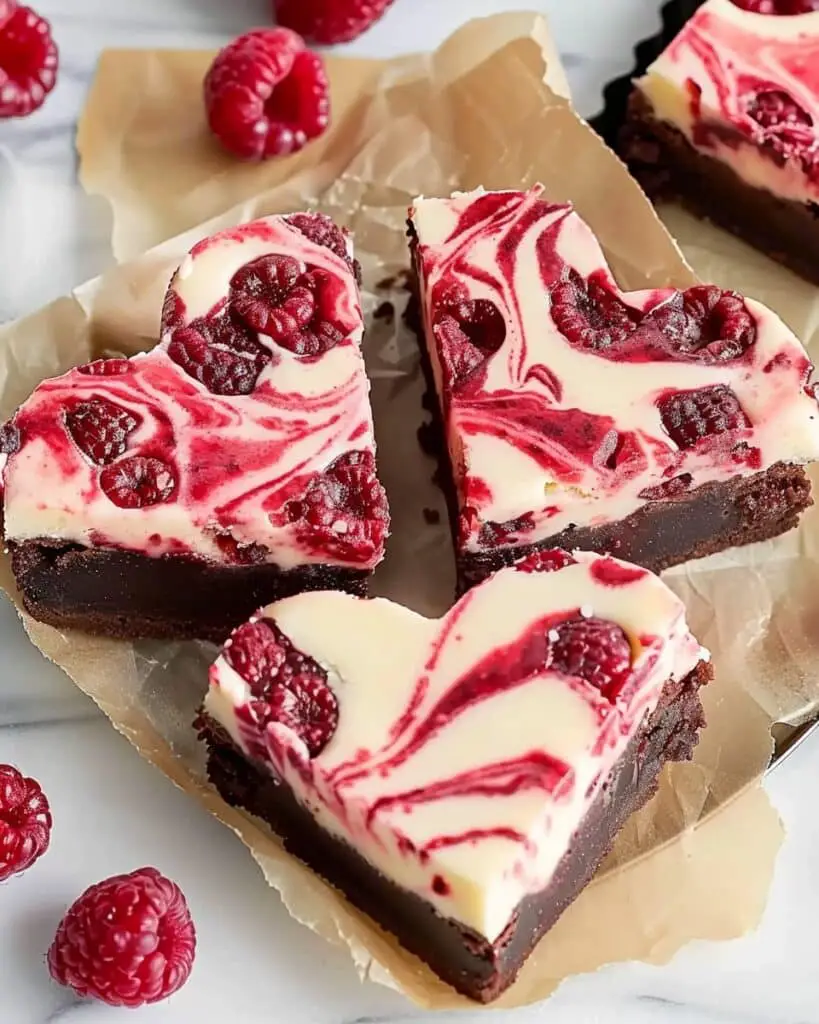 Heart Shaped Brownies with Raspberry Swirl and Cheesecake Topping