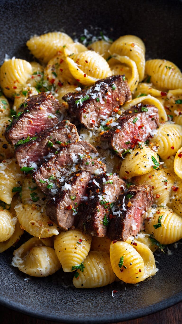Steak Bites and Shell Pasta in Garlic Butter Alfredo Sauce