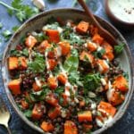 Simple Sweet Potato Lentil Salad With Roasted Garlic Tahini Dressing