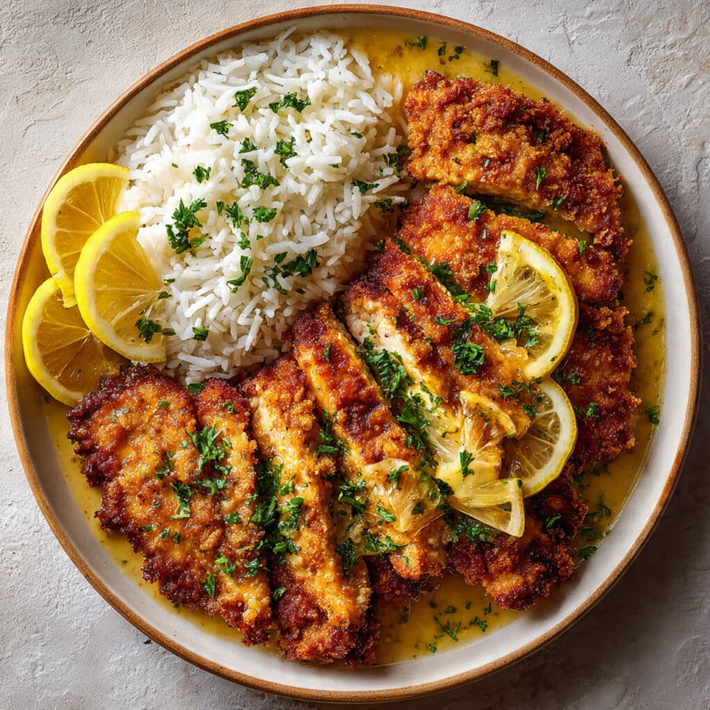 Crispy Chicken Cutlets with Lemon Garlic Butter Sauce