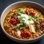 Freekeh Soup with Chicken and Fire Roasted Tomatoes