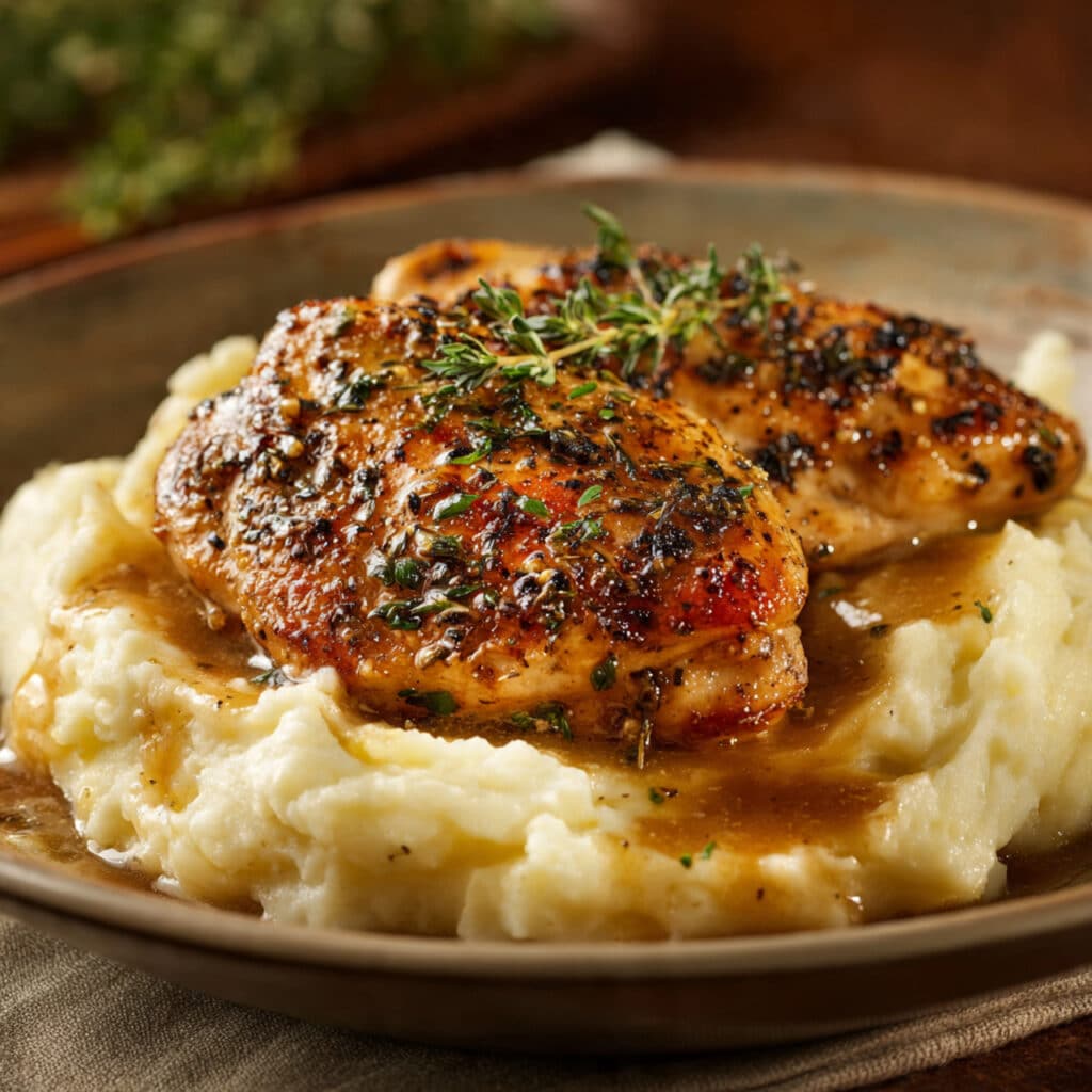 Glazed Garlic Herb Chicken Breast Over Creamy Mashed Potatoes with Pan Sauce