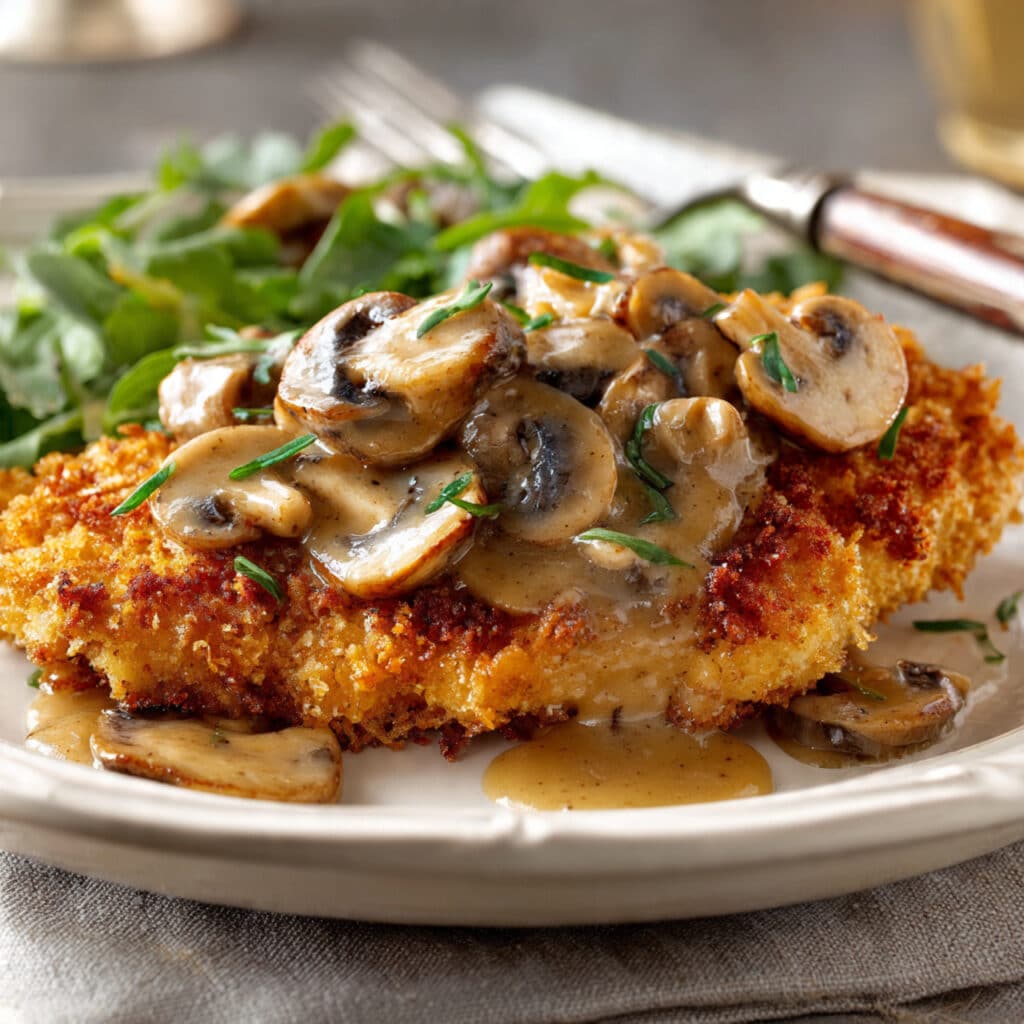 Easy Chicken Schnitzel with Mushroom Gravy