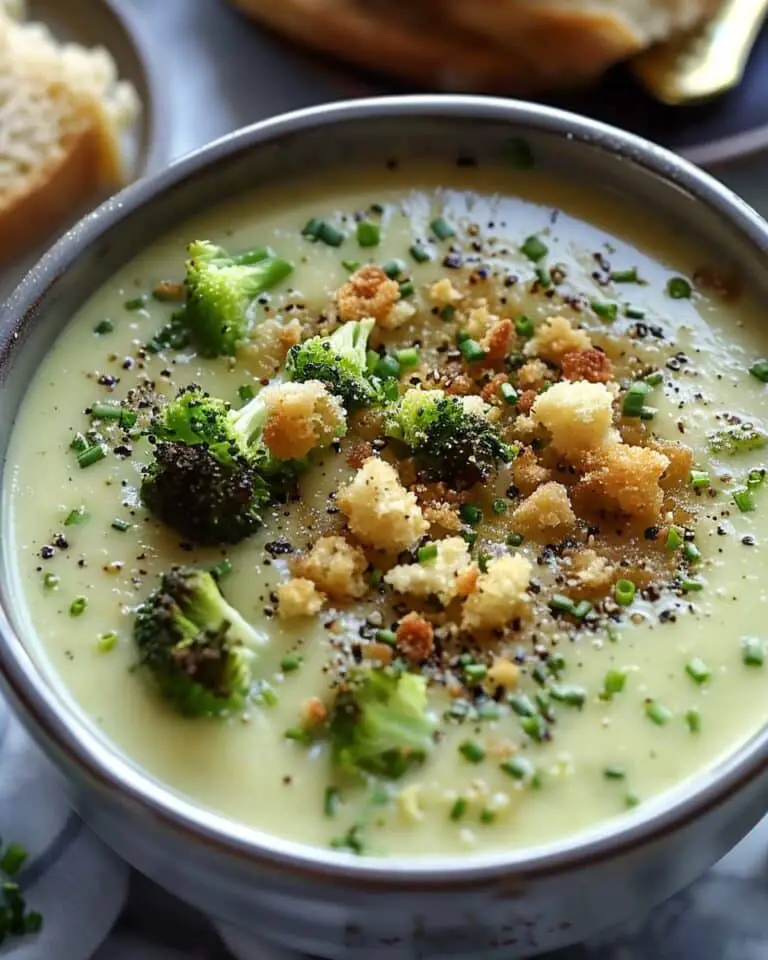 Velvety Broccoli Gruyère Soup crowned with Golden Garlic Crumbs