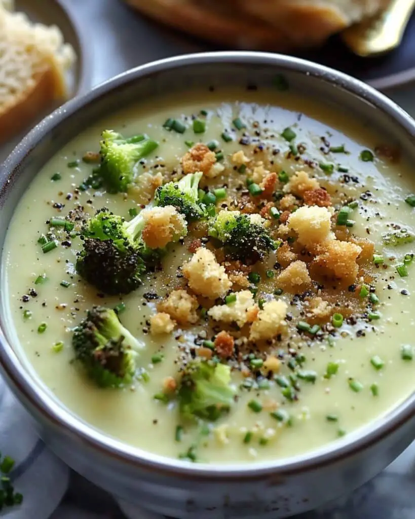Velvety Broccoli Gruyère Soup crowned with Golden Garlic Crumbs