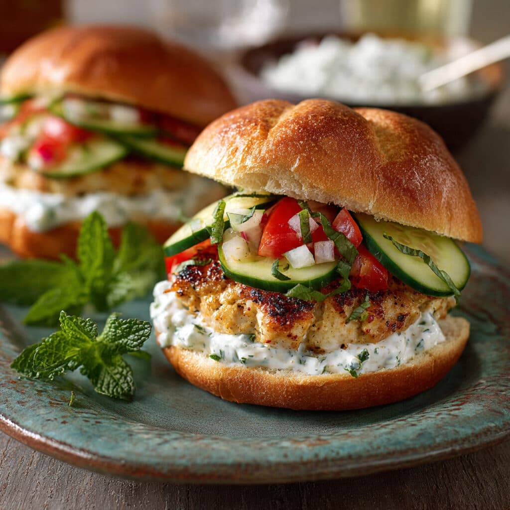 Mediterranean Chicken Burgers with Greek Yogurt Sauce and Tomato-Cucumber Relish