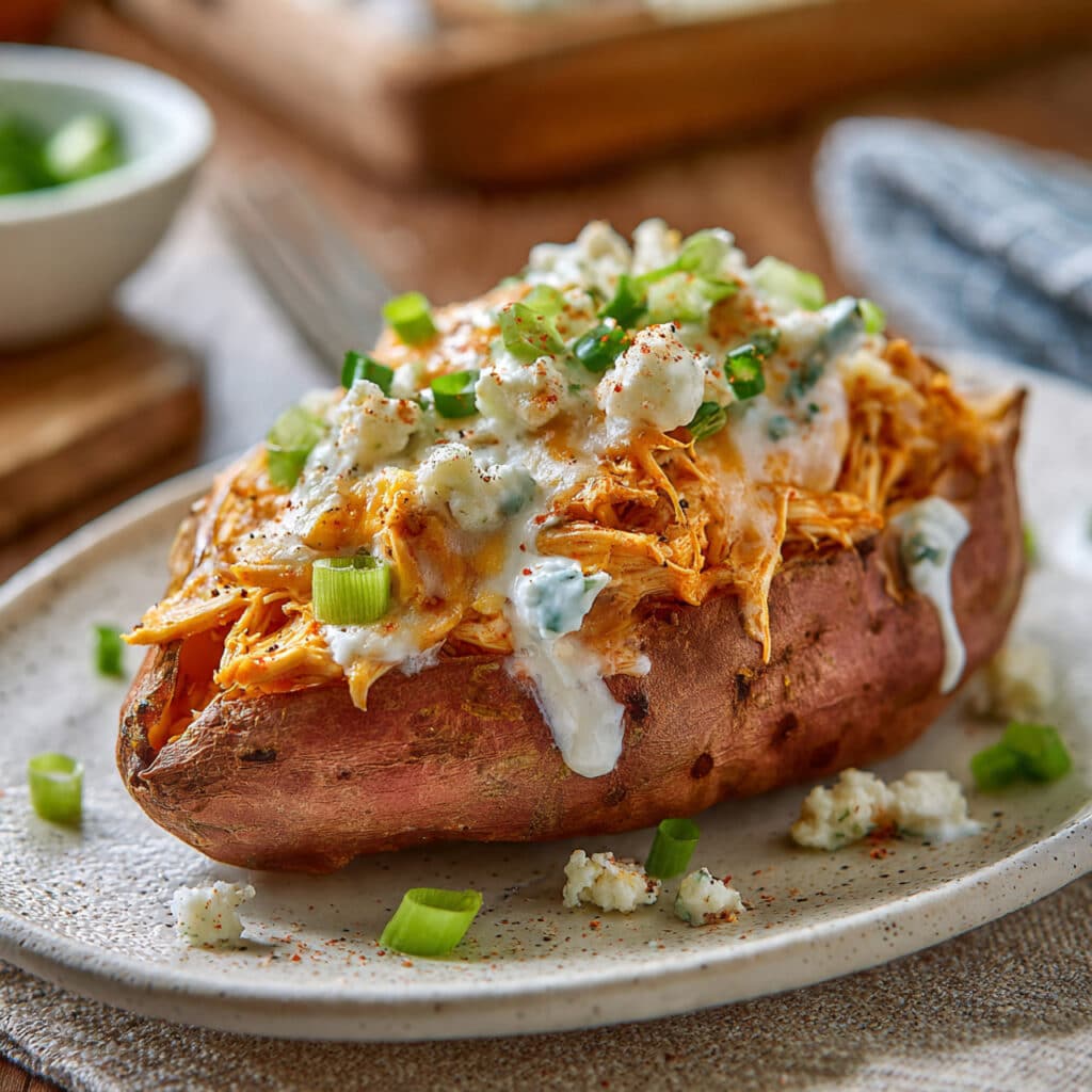 Buffalo Chicken Stuffed Sweet Potatoes