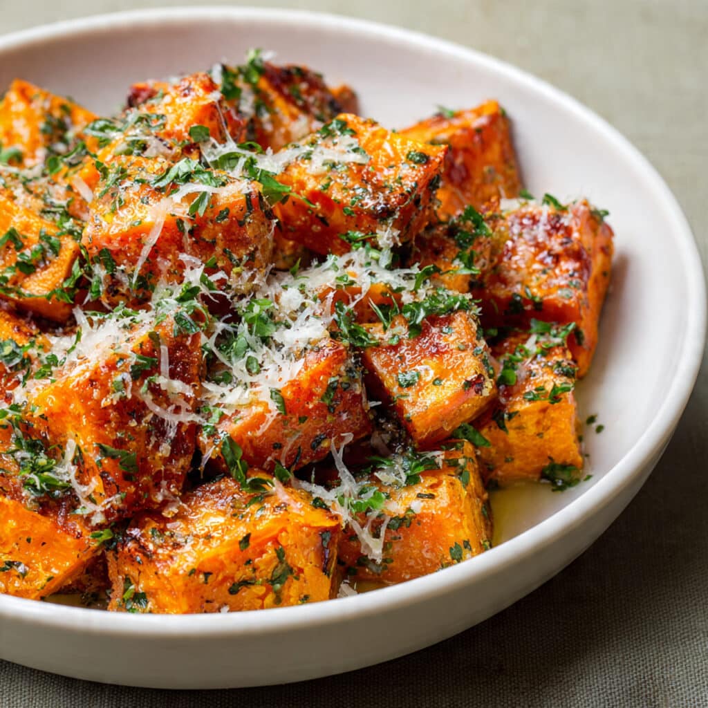 Roasted Sweet Potatoes with Garlic and Parmesan