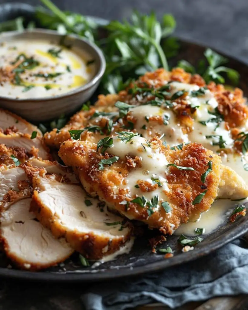 Crispy Parmesan Chicken with Creamy Garlic Sauce