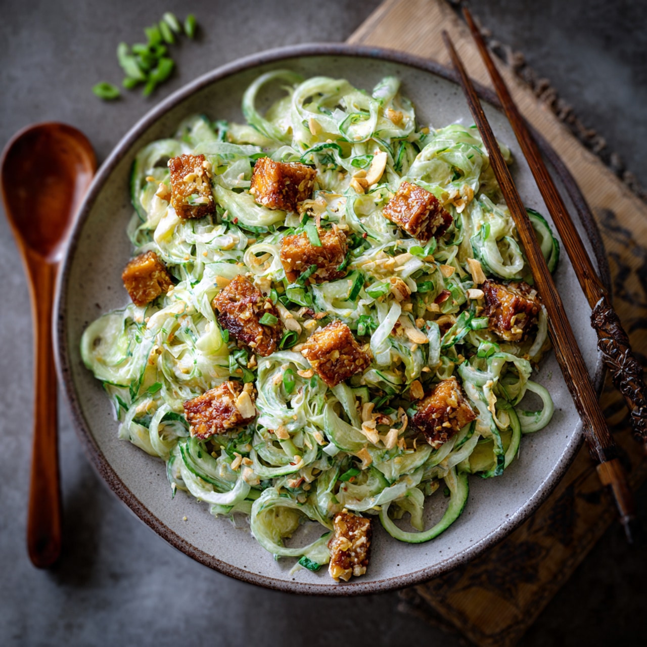 Easy Creamy Asian Cucumber Salad with Crispy Tofu