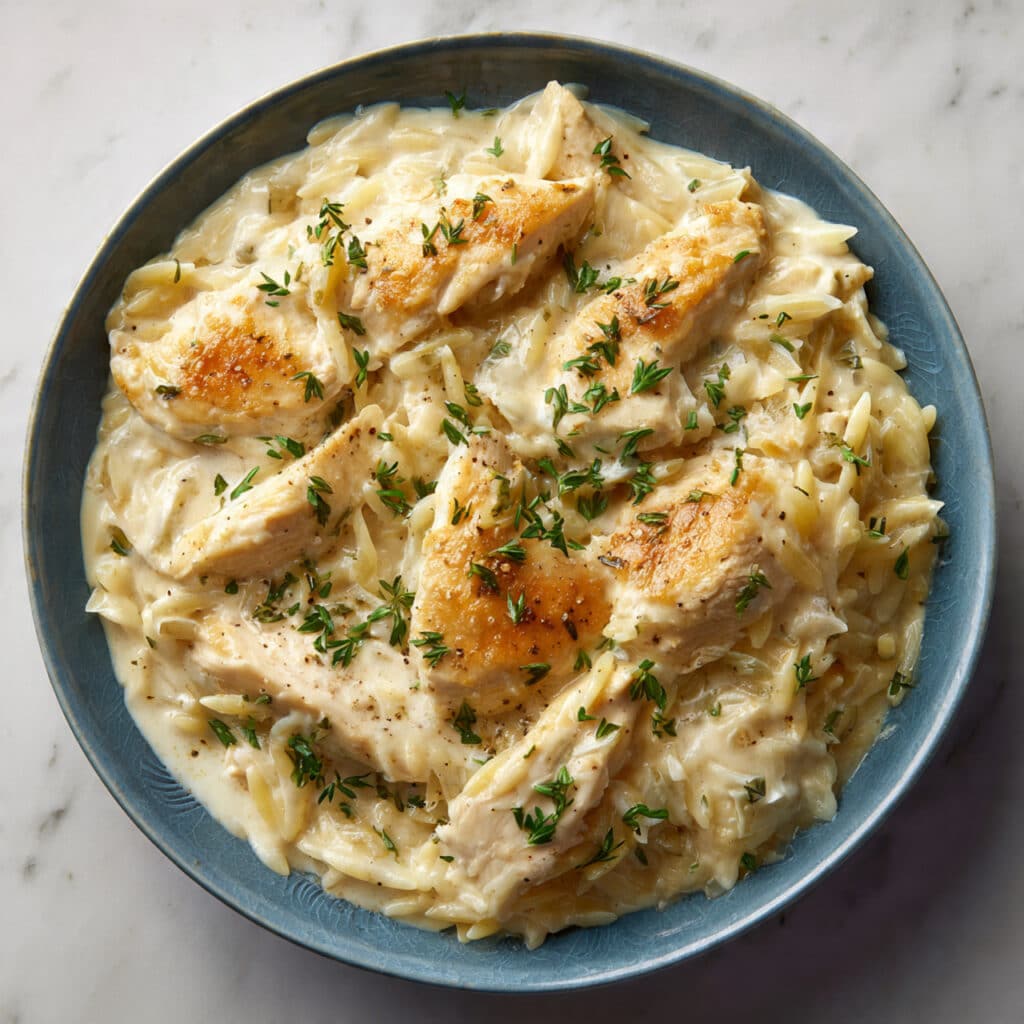 Crockpot Creamy Chicken with Gruyere and Orzo