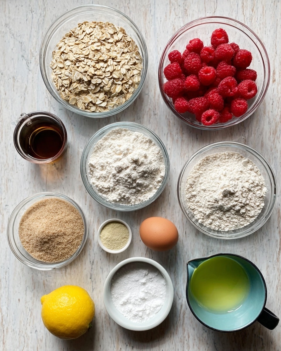 The image shows several raspberry muffins arranged on a white marbled surface. Each muffin sits in a white paper cup and has a golden-brown baked top with visible red raspberry pieces embedded inside. A bright red whole raspberry decorates the center of each muffin. A light white icing drizzle runs across the top layer of each muffin in a zigzag pattern, adding a glossy texture. Fresh whole raspberries are scattered around the muffins, adding contrast with their bright red color. The overall look is warm, textured, and inviting, with a mix of soft and smooth layers. photo taken with an iphone --ar 4:5 --v 7