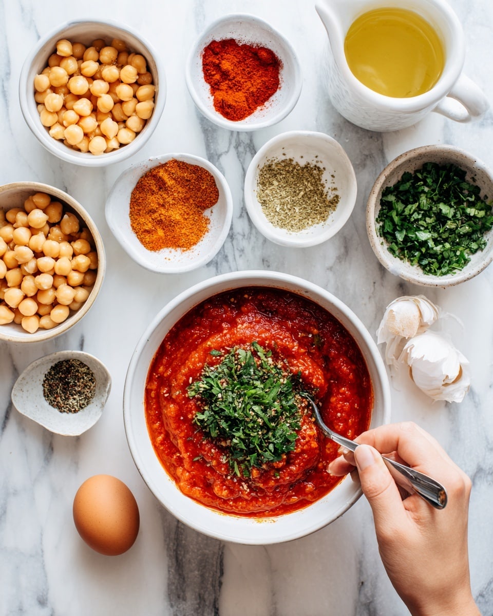 A white bowl filled with a thick red stew that has visible chickpeas and small pieces of vegetables mixed in. The stew is topped with a generous amount of fresh chopped green herbs, likely cilantro, giving a bright contrast to the rich red color of the stew. A silver spoon rests inside the bowl, with its handle sticking out over the edge. The bowl is placed on a white marbled surface with two small sprigs of cilantro nearby and a corner of light-colored cloth visible. Photo taken with an iphone --ar 4:5 --v 7