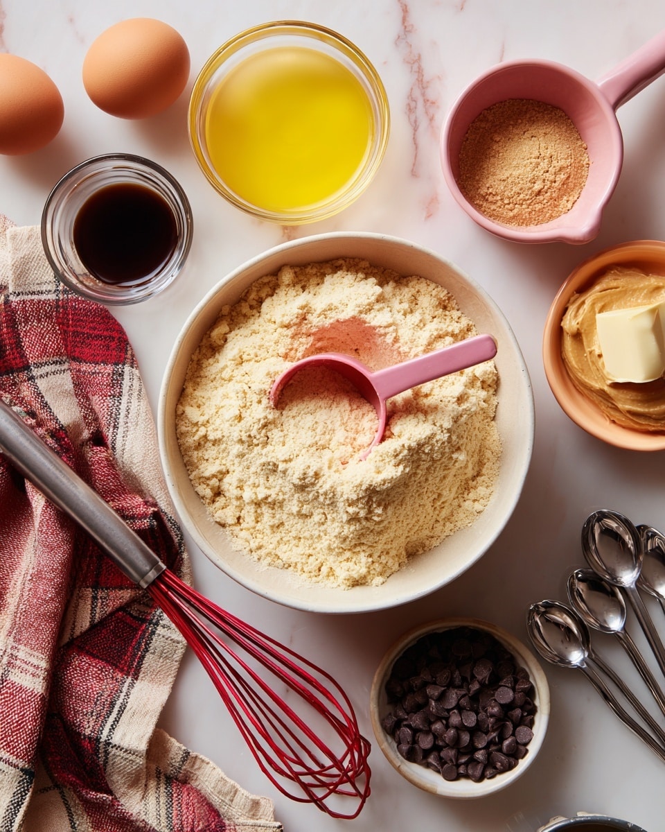 A white plate holds eight thick, round cookies with a light brown, slightly crumbly texture. Each cookie is topped with deep dark chocolate chunks irregularly placed on the surface, some melted slightly into the cookie. The cookies have a soft and dense look with small cracks throughout. The plate rests on a white marbled surface, with a red, orange, and white checkered cloth partially visible on the left side of the image. Photo taken with an iphone --ar 4:5 --v 7