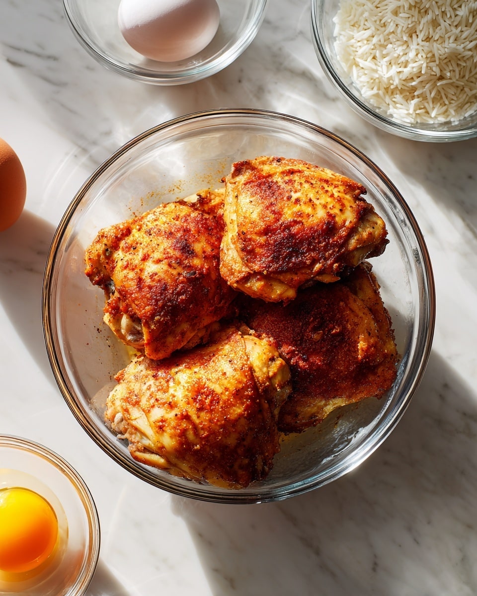 The image shows four pieces of golden fried chicken with a crispy texture, placed on a metal cooling rack. A woman's hand holds a light wooden brush with a peach-colored silicone tip, spreading a dark brown sauce evenly over one piece of chicken. Behind the rack, there is a clear glass jar filled with the same dark sauce. The background surface is white marble, and a white and gray striped cloth is partially visible to the side. The overall look is warm and inviting, highlighting the shiny sauce on the crunchy chicken. photo taken with an iphone --ar 4:5 --v 7