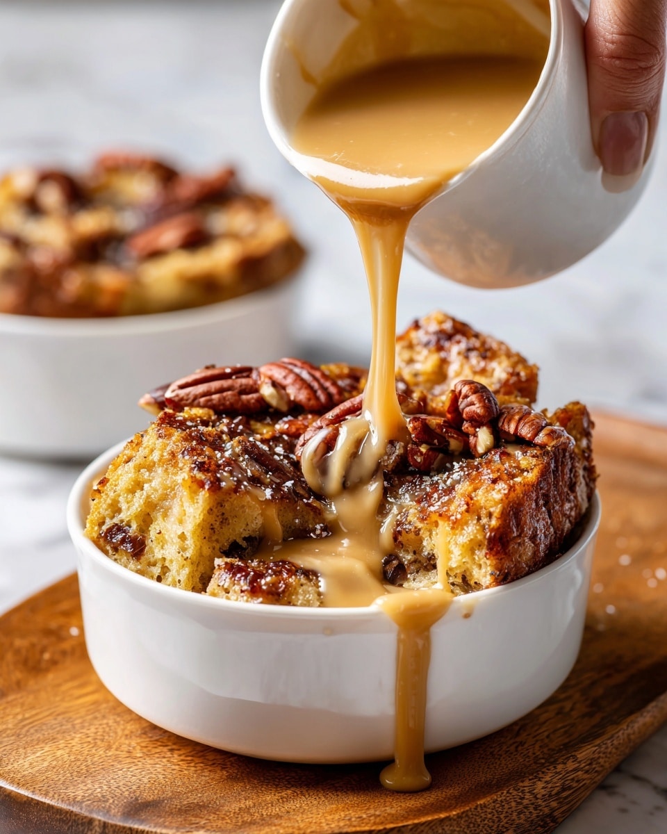 The image shows a small white bowl filled with golden-brown bread pudding with a slightly crispy top and soft, textured inside. Pecans are scattered on top, adding a glossy, rich brown detail. A creamy caramel sauce is being poured over the bread pudding from a container held by a woman's hand, the sauce flowing smoothly and catching light. The bowl sits on a wooden board, with the background showing another bowl of the dessert blurred softly. The surface below is a white marbled texture. photo taken with an iphone --ar 4:5 --v 7