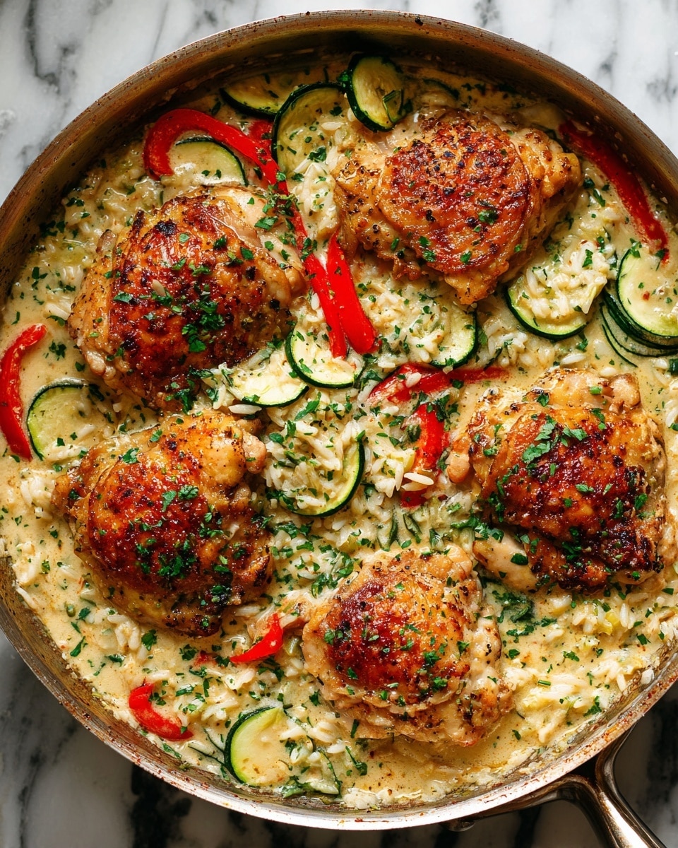 This image shows a pan filled with three cooked chicken thighs, golden brown and sprinkled with chopped green herbs. The chicken sits on a bed of creamy rice that is mixed with thin slices of green zucchini and bright red bell pepper strips. The sauce coating the dish is light and creamy, with bits of herbs spread evenly over the chicken and vegetables. The pan is placed on a surface with a white marbled texture. photo taken with an iphone --ar 4:5 --v 7