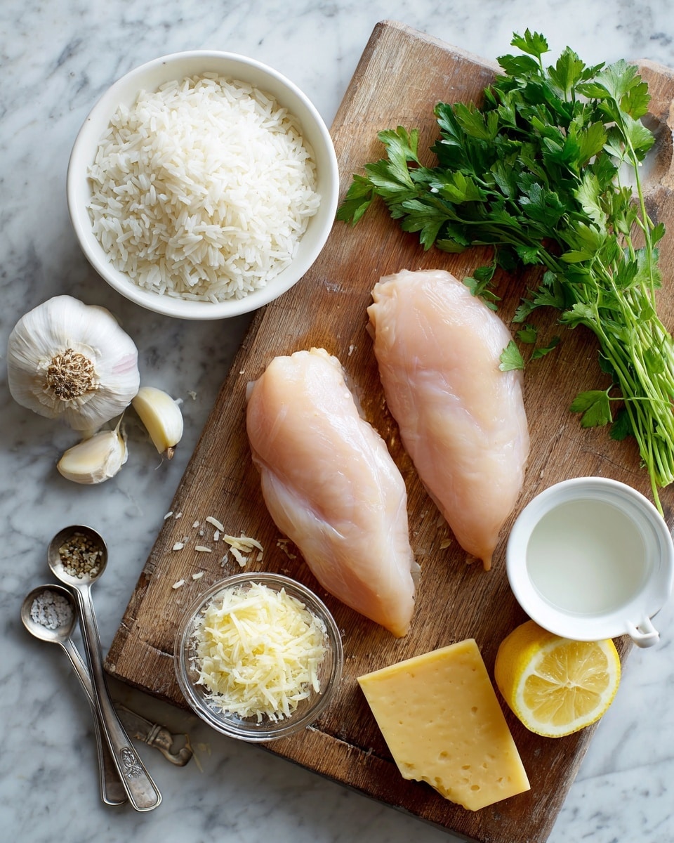 Two raw chicken breasts are centered on a wooden cutting board. To the left, there is a white bowl filled with cooked white rice and a bunch of garlic cloves beside it. Several metal measuring spoons lay on the bottom left edge of the board. On the bottom center is a small glass bowl with finely grated cheese. A wedge of yellow cheese is nearby. To the right side sit a white cup filled with white liquid, a bunch of fresh green parsley with a bright yellow lemon half near the bottom, all resting on the white marbled surface beneath the board. Photo taken with an iphone --ar 4:5 --v 7