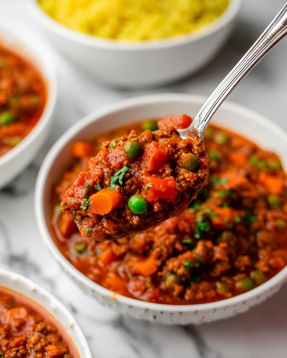 A close-up view of a spoon holding a thick stew with visible chunks of red tomato, green peas, orange carrot pieces, and minced meat in a rich, reddish-brown sauce. The spoon is shiny silver and positioned in the center, hovering above a bowl that contains more of the stew. The bowl is white with a subtle pattern and is placed on a white marbled surface. In the blurred background, there are two more white bowls, one filled with yellow rice and the other with more stew. The colors are warm and earthy, highlighting the stew's hearty texture, photo taken with an iphone --ar 4:5 --v 7