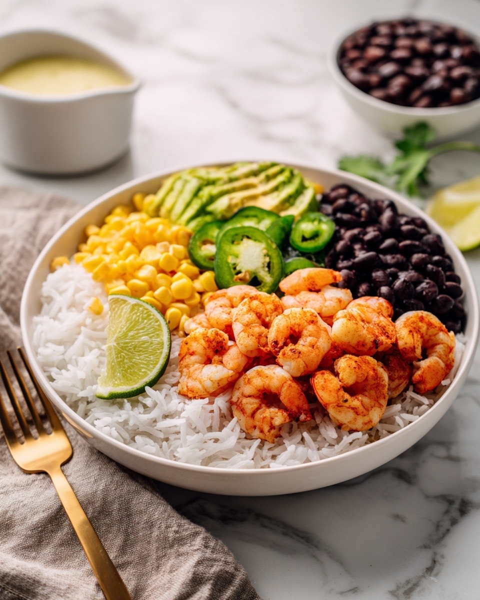 A white bowl filled with a colorful layered dish on a white marbled surface. The first layer is fluffy white rice at the bottom, topped with bright yellow corn kernels on one side. Next to the corn, there are shiny black beans, and on the other side, smooth green avocado slices. On top and slightly spread over the rice and beans is a pile of cooked shrimp with a warm orange-pink color, mixed with green bell pepper slices. A lime wedge sits on the edge inside the bowl, and a woman’s hand holding a gold fork is reaching towards the food. A white bowl with black beans and a cup of creamy yellow sauce are nearby. photo taken with an iphone --ar 4:5 --v 7