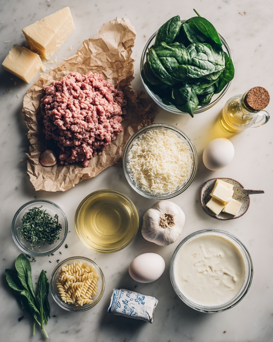 A white marbled surface holds various cooking ingredients neatly arranged. In the center, there is a pile of light pink raw ground meat resting on crumpled brown paper. Above and to the right, a clear glass bowl is filled with fresh, dark green spinach leaves. To the right of the meat, an egg sits beside a small clear bowl of grated white cheese and another small clear bowl with two small cakes of butter. Below the egg and cheese bowls is a larger clear bowl with white creamy liquid and a small packet of orzo pasta, white with blue labeling, placed near the bottom right. Beneath the meat, there is a small pink shallot, some cloves of garlic, and fresh herbs on the left side. On the left, there are small clear bowls containing chopped green herbs, light brown breadcrumbs, and dark dried herbs. Two pieces of hard yellow cheese are also present near the bottom left. A clear measuring cup filled with light brown broth is near the bottom left, and above it, a small clear cup with light liquid and a glass bottle with a cork lid containing golden oil complete the spread. The scene is bright and softly lit. photo taken with an iphone --ar 4:5 --v 7
