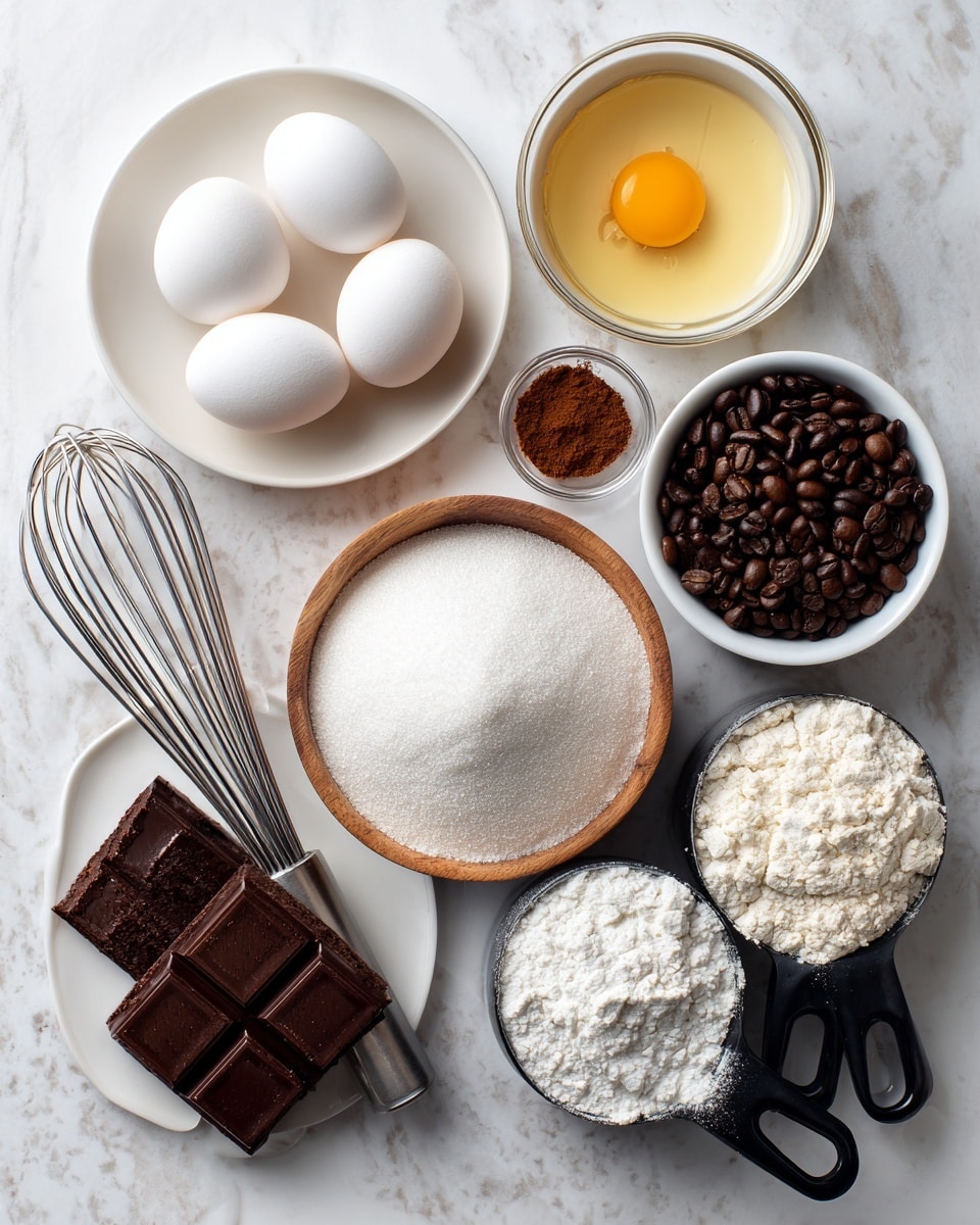The image shows a white marbled surface with several baking ingredients and tools arranged neatly. There are three white eggs in a white plate on the left side. Below the eggs, a silver whisk rests next to a wooden bowl filled with white sugar. To the right of the sugar, there is a small glass bowl with a brown powder, possibly cinnamon. Near the center, a square piece of dark brown chocolate sits on the surface. Above the chocolate, a white bowl contains melted butter, showing a yellow shiny texture. On the right side, there are three black measuring cups filled with white flour and sugar, arranged in a line from front to back. Near the top right corner, a white bowl holds dark brown coffee beans. The overall look is clean and simple with natural light. Photo taken with an iphone --ar 4:5 --v 7