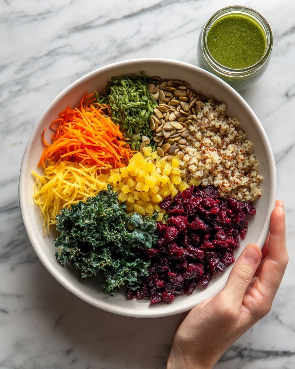 The image shows a white bowl filled with several colorful layers of food arranged neatly. Starting from the top left, there are thin orange and green shredded vegetables, next to small yellow cubes, then light brown sunflower seeds, and dark red shredded cabbage. Below these are leafy dark green kale, dark red dried berries, and brown cooked grains. The bowl rests on a white marbled surface. To the right of the bowl, there is a small glass jar filled with green dressing. A woman's hand is gently holding the bowl. Photo taken with an iphone --ar 4:5 --v 7