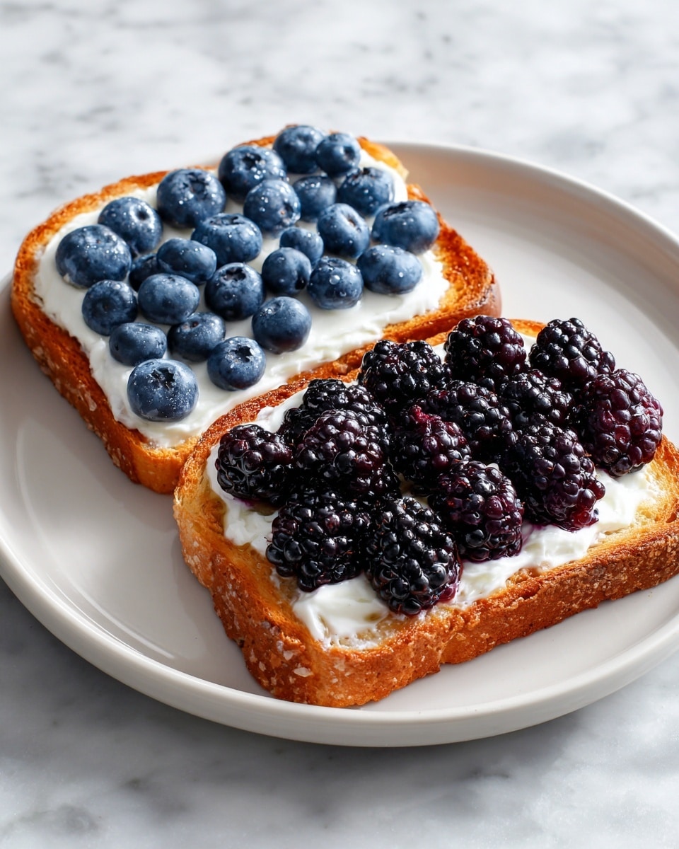 Two slices of toasted bread lie on a white plate on a white marbled surface. Each toast has a creamy white spread as the bottom layer, smooth and even. One toast is topped with bright blue, round blueberries arranged close together, covered lightly with a clear drizzle. The other toast has shiny dark blackberries, large and clustered, also with a light drizzle on top. One of the blueberry toast corners has a bite taken out, showing the light, crisp texture of the bread. Photo taken with an iphone --ar 4:5 --v 7