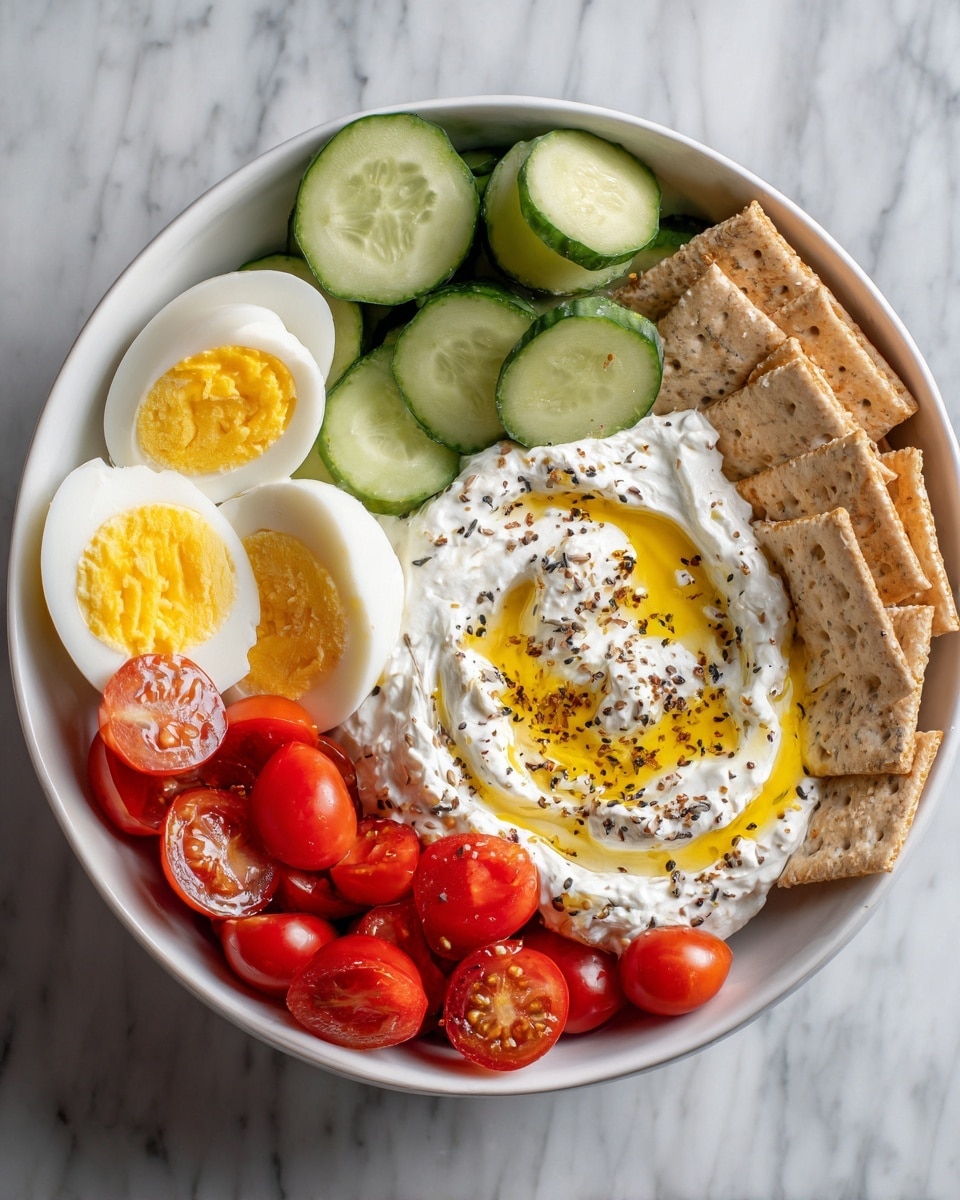 A white bowl is filled with four main sections: on the top right, thin, round green cucumber slices; below them, light brown square crackers stacked neatly; at the bottom left, bright red cherry tomato halves; and at the top left, two halves of a hard boiled egg with white edges and yellow yolks. In the center, a creamy white dip swirled with a drizzle of golden olive oil and sprinkled with black and white seeds. The bowl sits on a white marbled surface photo taken with an iphone --ar 4:5 --v 7