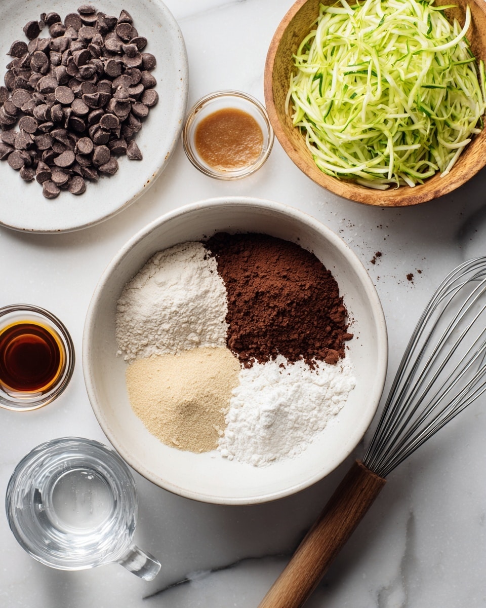 A white bowl is filled with four dry ingredients in separate piles: dark brown cocoa powder in the top right, light beige sugar on the top left, white flour at the bottom right, and a small layer of salt just above the flour. Above the bowl is a whisk with a wooden handle resting across the rim. To the left, there is a white plate full of dark chocolate chips with some chips scattered on the white marbled surface. Above the plate is a wooden bowl filled with shredded green zucchini. Nearby, two small clear glass bowls contain light brown almond butter and dark brown vanilla extract. At the bottom left is a clear glass measuring cup with water. photo taken with an iphone --ar 4:5 --v 7