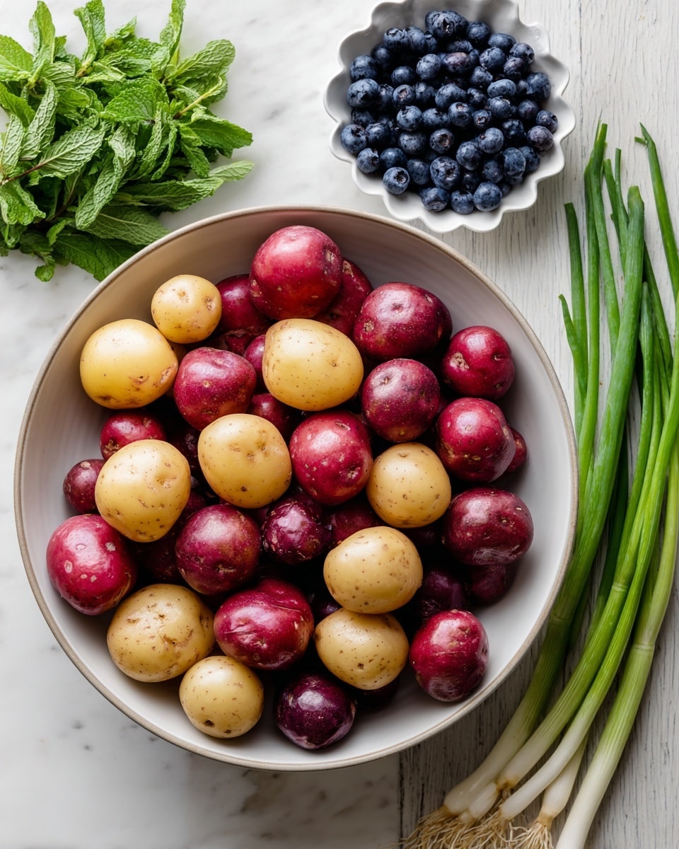 A large white bowl filled with a mix of small red and yellow potatoes, with the red potatoes mostly at the bottom and yellow ones on top, sits on a white wooden surface. To the top left of the bowl, there is a bunch of fresh green mint leaves, and to the top right, a small white scalloped dish holds a pile of dark blue blueberries. On the right side of the image, a bunch of long green onions with white bulbs is laid out neatly. The background is a white marbled texture photo taken with an iphone --ar 4:5 --v 7