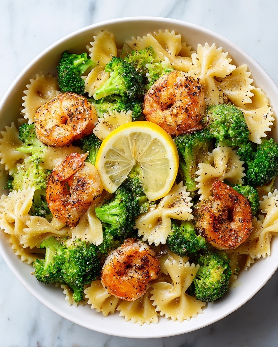 A white bowl filled with cooked pasta shaped like small bows, topped with bright green broccoli florets scattered evenly across the dish. On top, there are pieces of cooked shrimp with a golden brown color and some black seasoning. A thin slice of lemon rests near the center, adding a touch of yellow and freshness. The shrimp and broccoli appear juicy and fresh, creating a colorful mix of warm brown, green, and pale yellow tones. The bowl sits on a white marbled surface. photo taken with an iphone --ar 4:5 --v 7