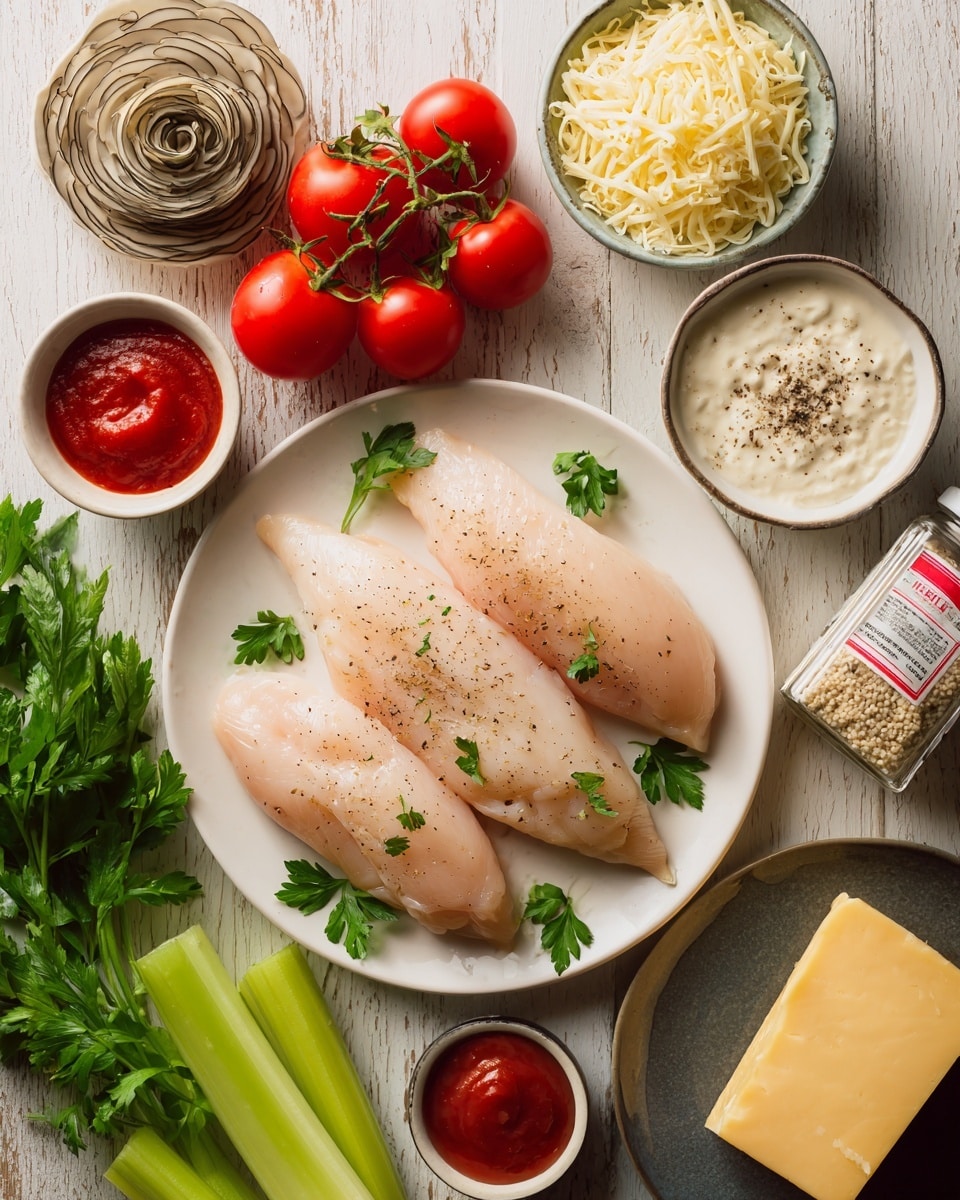 The image shows raw ingredients laid out neatly on a light wooden surface with a white marbled texture. In the center, there is a round white plate holding three raw pale pink chicken tenders, garnished with bright green parsley leaves. Around the plate, there are five red tomatoes on the vine and loose, vibrant green celery stalks with lush leaves. To the left of the plate is a small white bowl filled with shredded pale yellow cheese and a smaller bowl containing light tan breadcrumbs. Below these is a small white bowl with a dollop of red sauce. Above and to the left, there is a jade-green spiralized vegetable or mushroom with a dark edge, resembling slices of king oyster mushrooms. To the right of the plate is a white jar filled with a creamy white sauce sprinkled with black pepper, next to a red and white seasoning box labeled chicken seasoning. At the bottom right corner, a dark plate holds a thick yellow block of cheese. The whole scene is brightly lit and colorful, focused on fresh and raw ingredients arranged in a visually balanced way photo taken with an iphone --ar 4:5 --v 7