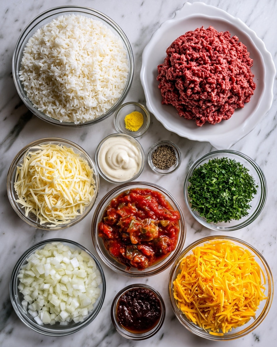 The image shows eleven small glass bowls and one white plate arranged neatly on a white marbled surface. The white plate in the top right corner holds a large mound of raw ground beef, with a deep red and slightly speckled texture. To the left of the plate, there is a large glass bowl filled with fluffy white cooked rice. Above that, a smaller bowl contains shredded mozzarella cheese, light yellow and thinly shredded. Below the rice is a bowl of diced, cooked tomatoes in a rich, red sauce with visible pieces of tomato and seasoning. To its left, a small bowl has a dark red paste. A bowl of creamy white sauce with specks of black pepper sits above that. Moving right from the tomato bowl, there is a small bowl of finely chopped white onions, next to that is minced garlic in a smaller bowl. Above the garlic is a tiny bowl of chopped parsley, dark green and leafy, sitting near small bowls holding salt, yellow mustard, black pepper, and a dark liquid. On the far right, the biggest bowl contains shredded cheddar cheese, bright orange and fluffy. The layout is clean and colorful, with a fresh and prepared look. Photo taken with an iphone --ar 4:5 --v 7