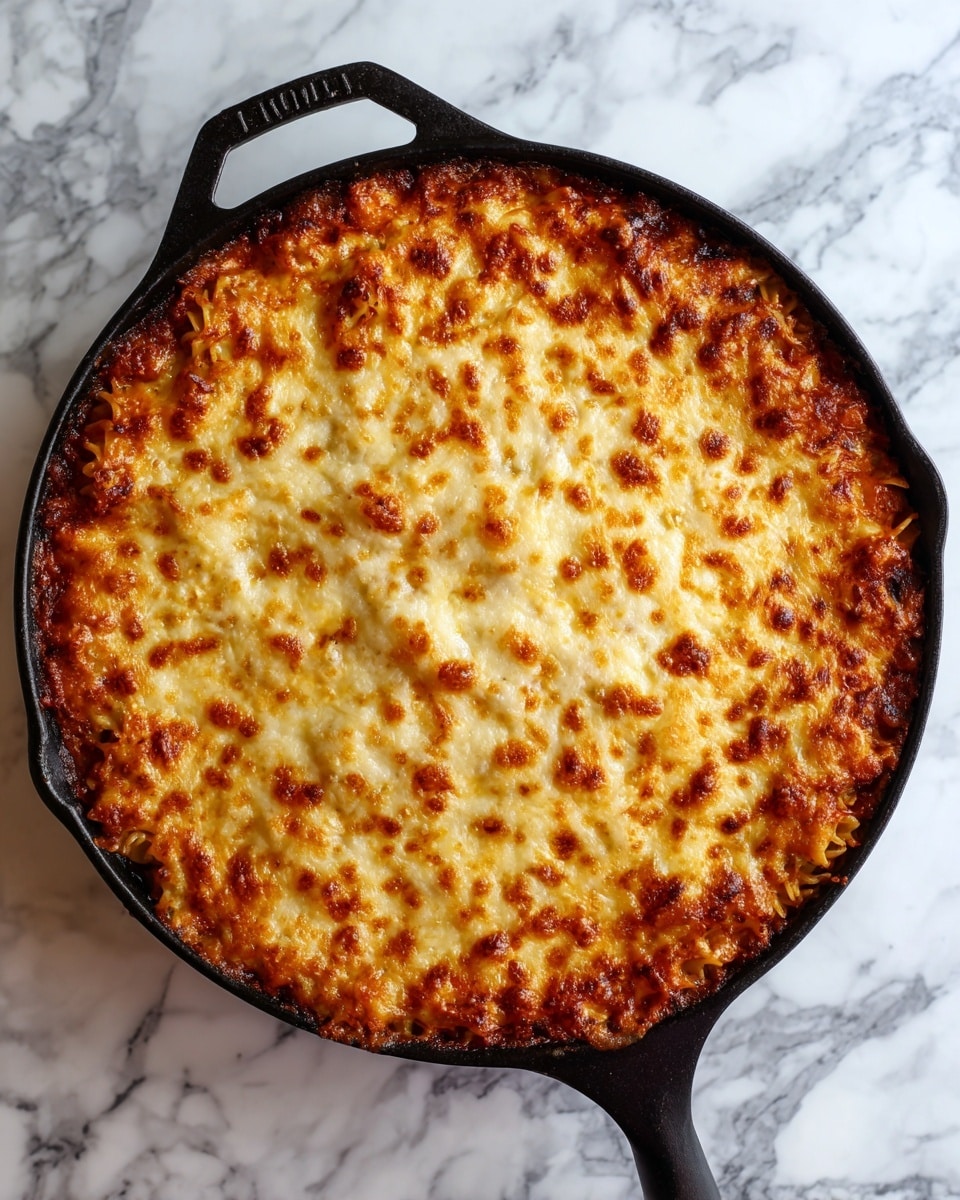 The image shows a black cast iron skillet filled with a baked dish topped with a layer of melted, golden-brown cheese that covers the entire surface. The cheese has bubbly and slightly crispy spots, indicating it has been cooked until perfectly browned. Underneath the cheese, there is a layer of cooked pasta mixed with a rich tomato-based sauce, visible at the edges where the cheese lightly melts into the sauce. The skillet is placed on a white marbled surface. Photo taken with an iphone --ar 4:5 --v 7