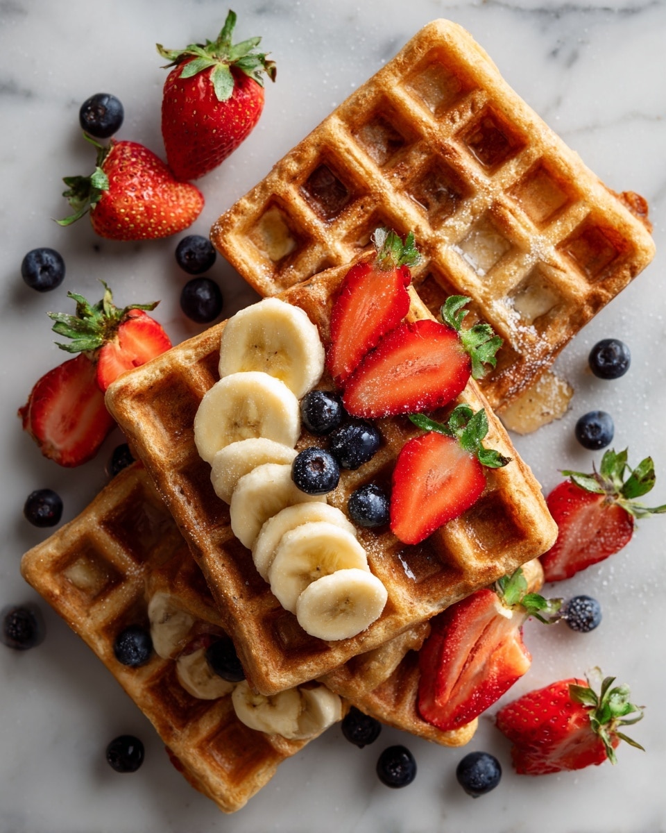 A close-up of five golden brown waffles arranged on a dark tray with a white marbled surface underneath. The center waffle is whole with three banana slices dusted lightly with cinnamon placed in the middle, while the other four are quartered and spread around it. Scattered around the waffles are bright red halved strawberries and small round blueberries, adding pops of vibrant color. On the right side near the edge, pieces of a peeled banana are visible. The overall look is warm and inviting, showing the crispy texture of the waffles and the fresh fruit. photo taken with an iphone --ar 4:5 --v 7