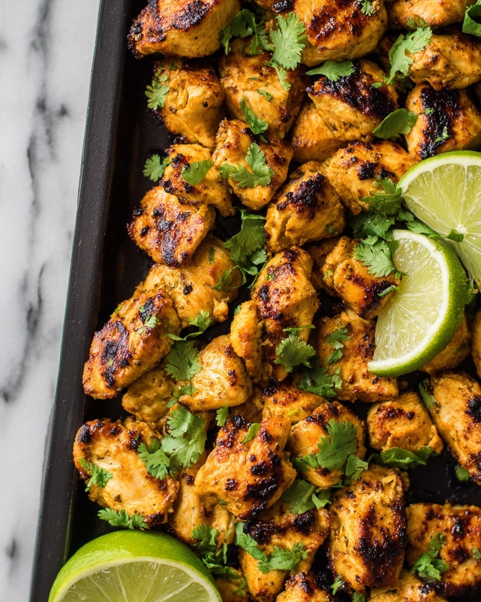 A close-up view of many small, grilled chicken pieces with a golden-brown color and slight char marks scattered across a black tray. The chicken pieces have a slightly rough texture showing grill lines and some darker spots from cooking. Bright green cilantro leaves are sprinkled on top and around the chicken, adding a fresh pop of color. Two lime halves with a juicy, light green interior sit on the tray, one near the top right corner and one at the bottom left, providing a contrast to the warm tones of the chicken. The background is a white marbled surface. Photo taken with an iphone --ar 4:5 --v 7