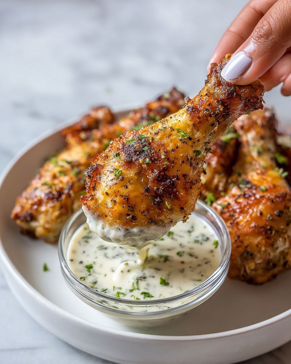 A close-up image shows a golden-brown, seasoned chicken drumstick being dipped into a small clear glass bowl filled with a creamy white sauce mixed with green herbs. The chicken drumstick has a textured, crispy surface with dark seasoning specks. In the background, more drumsticks rest on a white plate. A woman's hand with light-colored nails holds the drumstick dipping it into the sauce. The scene is set on a white marbled surface. photo taken with an iphone --ar 4:5 --v 7