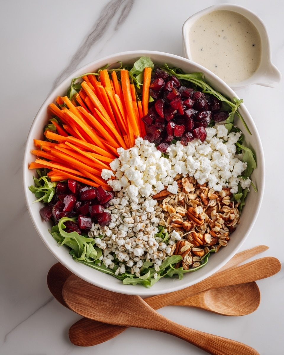 A white bowl holds a fresh salad with four distinct layers arranged side by side: bright orange thin carrot strips on the left, dark red sliced cherries on the top, crumbled white cheese on the right, and a cluster of mixed oats and nuts below. All sits on a bed of green leafy arugula. To the right of the bowl is a small white sauce container filled with a creamy dressing, and below the bowl, a pair of wooden salad forks rest on a white marbled surface. Photo taken with an iphone --ar 4:5 --v 7